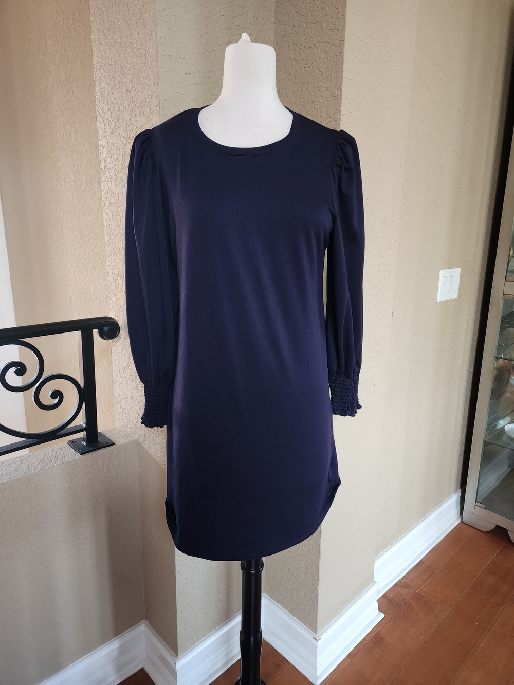 Express Navy Long Sleeve Smocked Cuff Dress